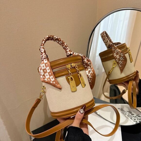 Retro Bucket Bag PU Leather Canvas Small Crossbody Top Handle for Women - Picture 2 of 8